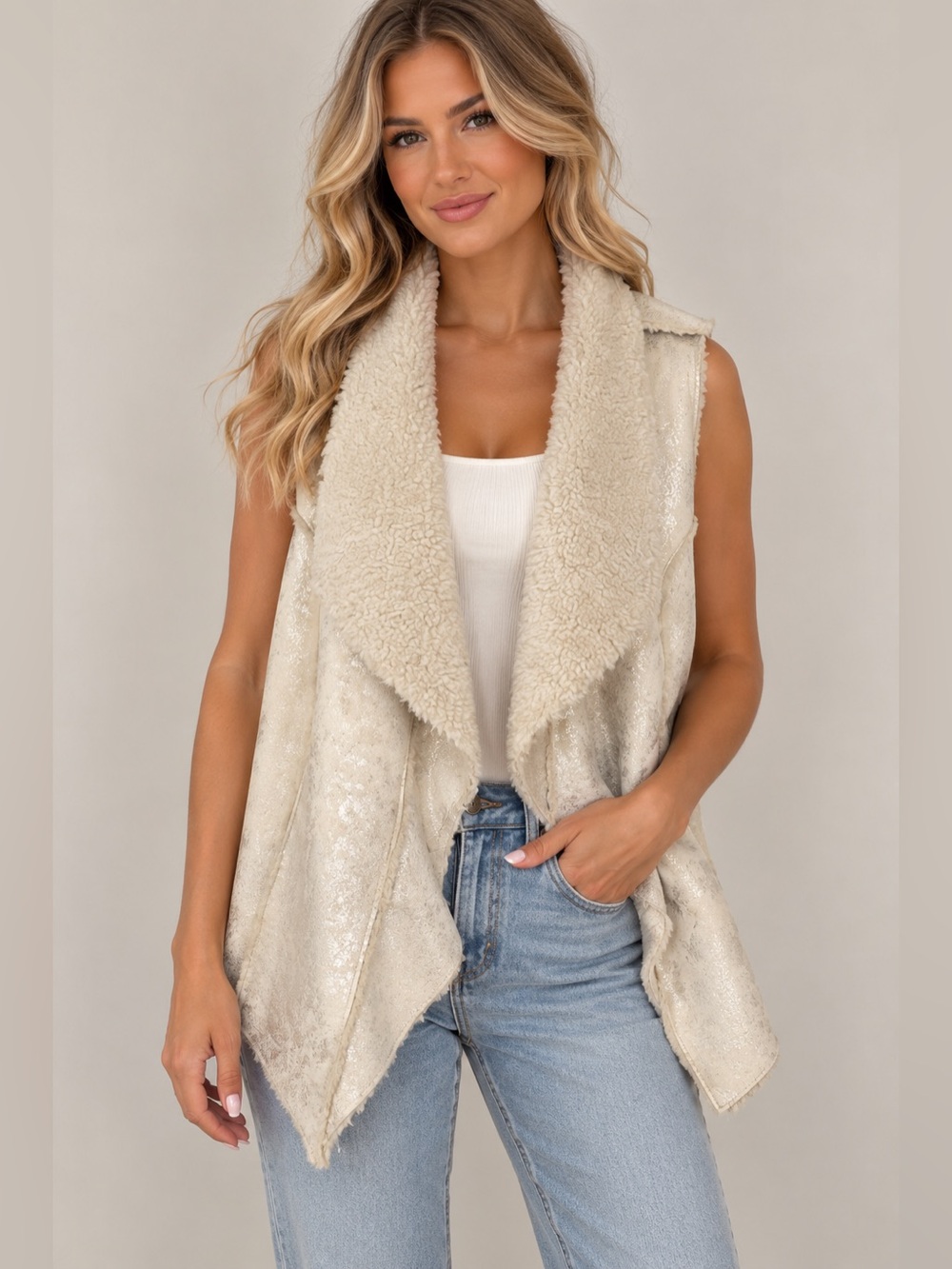 Three Hearts Metallic ivory Sherpa lined sleeveless asymmetrical vest